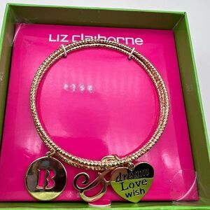 NWT Liz Claiborne B Initial‎ Gold tone bangle bracelet charm Gift birthday